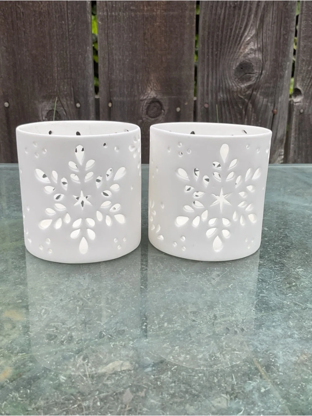 Crate&Barrel White Ceramic Cutout Candle Holders — Pair